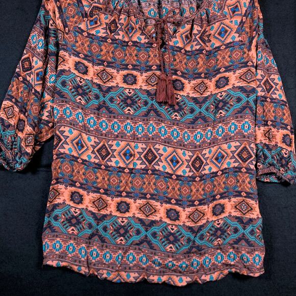 Natural Reflections Womens Blouse Multicolor Aztec Boho 3/4 Sleeve Peasant Large - Picture 5 of 11